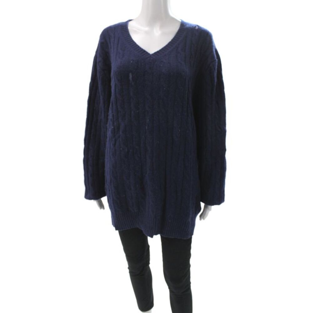 Faconnable Women Pullover V-Neck Blue Long Sleeve Size 2XL